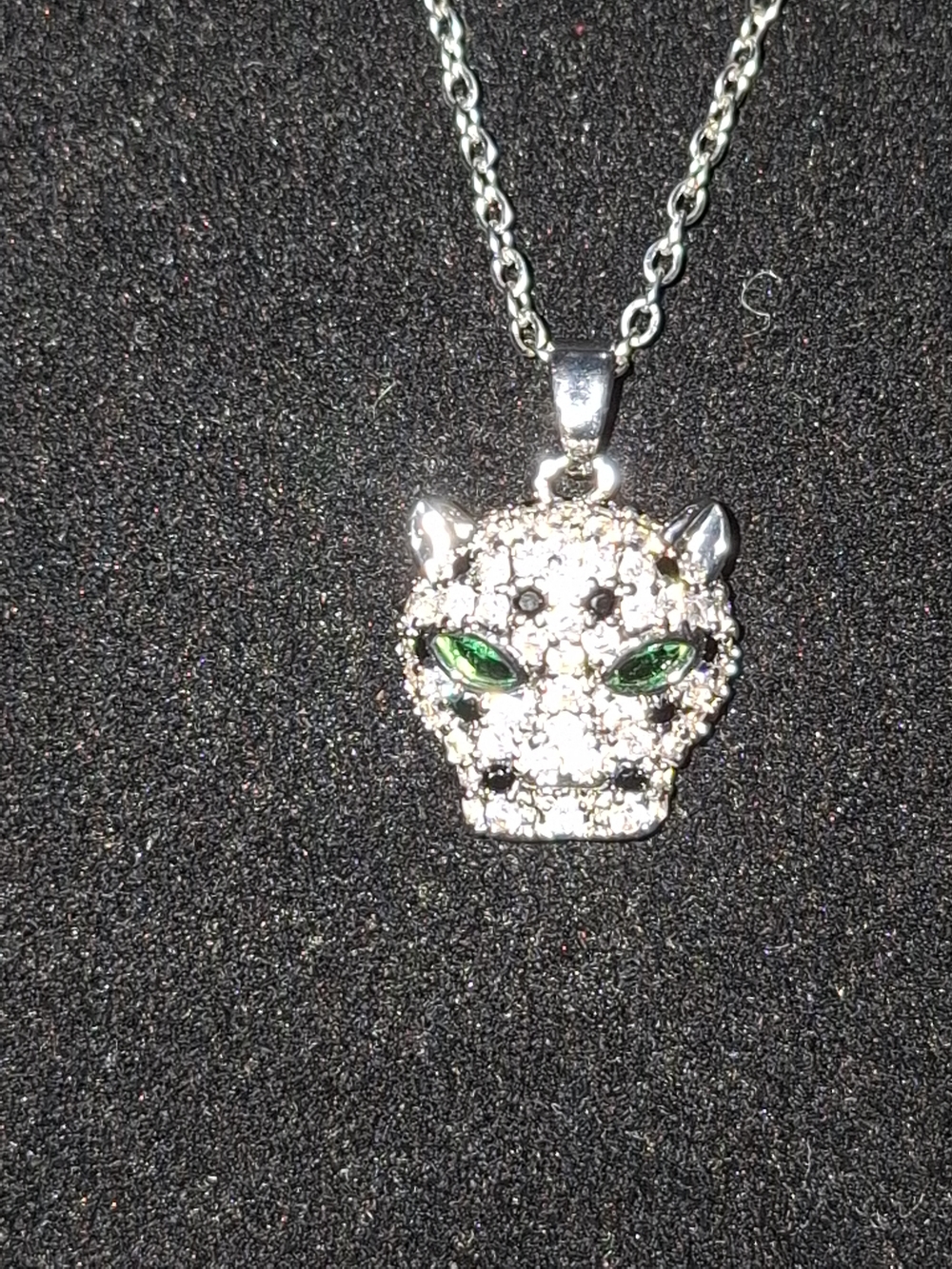 Silver Crystal Panther Pendant Necklace with Green Eyes